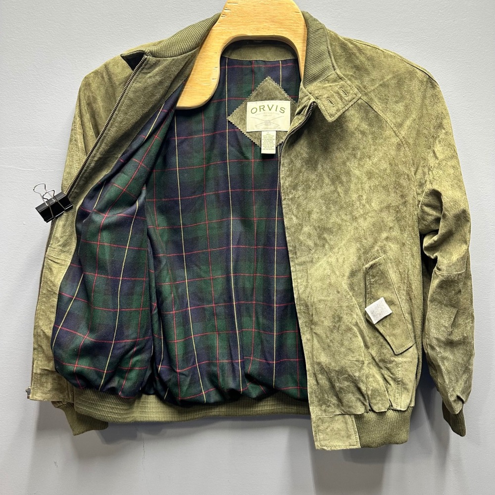 Orvis Mens Suede Leather Bomber Jacket Olive Green Plaid Lined Large #409F